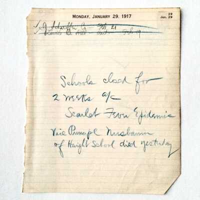 Journal note regarding Haight School closure for Scarlet Fever Epidemic, 1917