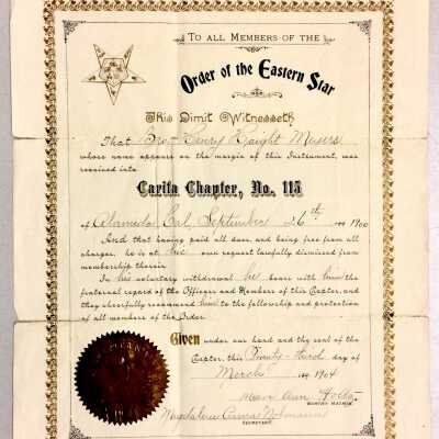 Certificate from the order of the Eastern Star, about Henry. H. Meyers, 1904