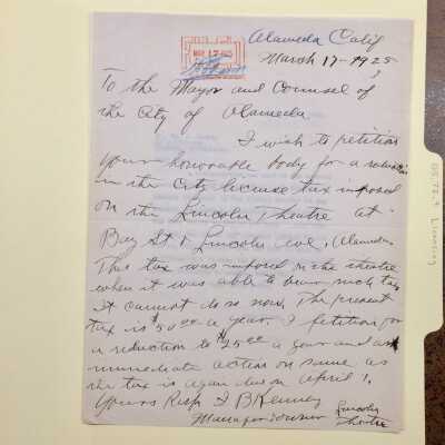 Correspondence about lowering taxes on the Lincoln Theatre, 1925