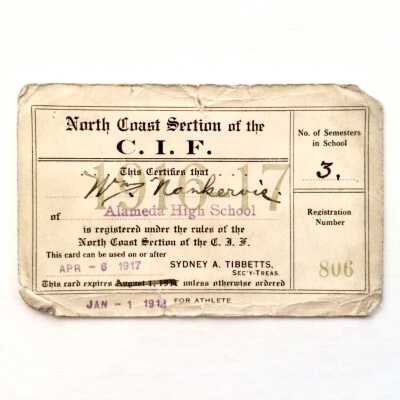 Membership Card C. I. F., Alameda High School, William Nankervis, 1917