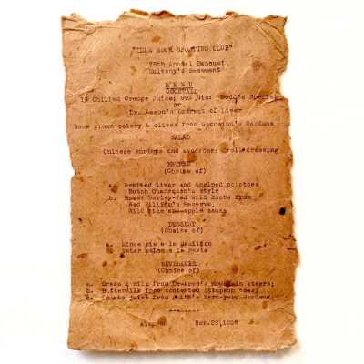Menu 75th Annual Banquet Idle Hour Sporting Club, at Mulvany's basement, 1936