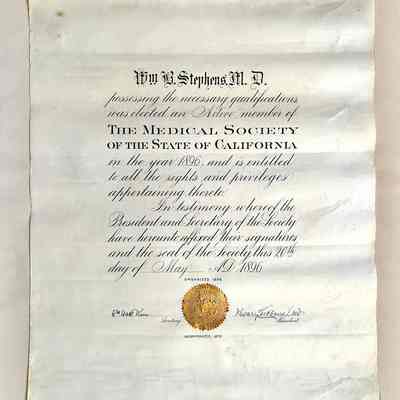 Membership Certificate State Medical Society of William B. Stephens, 1896