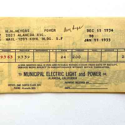 Municipal Electric Light Plant Bills for 2021 Alameda Ave, 1934-1935