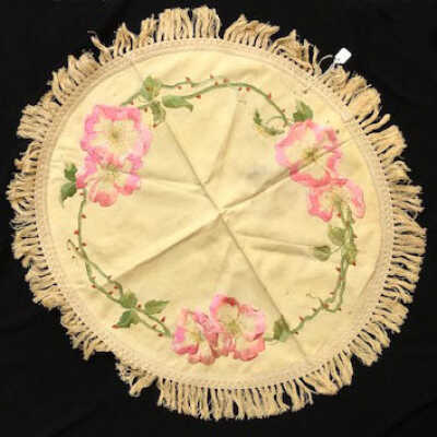 Circular Ecru linen doily with embroidered roses and vines, c. 1910-1920