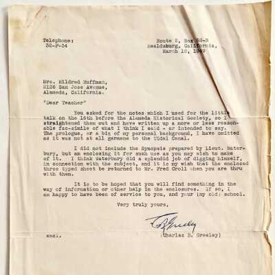 Letter regarding a Historical Society Lecture on the Tidal Canal, 1949