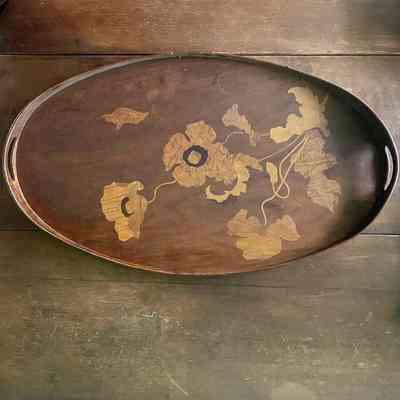 Oval wooden serving tray with inlaid poppies by Émile Gallé, c. 1900