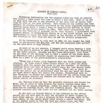 History of Lincoln School, by Mrs. Justin, 1950