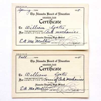 Evening High School certificates issued to William Gates, 1938