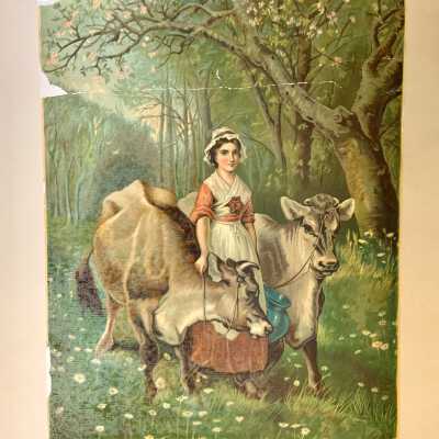 Print of a dairy maid and two cows, from 1523 Mozart Street, c. 1880s