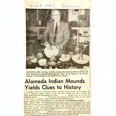Oakland Tribune article about 'Alameda Indian Mounds', 1957