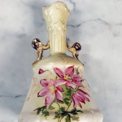 Semi-porcelain bud vase with pink flowers and gold handles, c. 1900