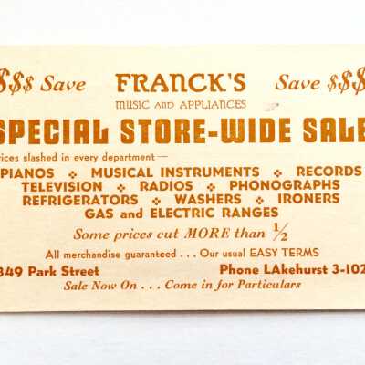 Advertising postcard from Franck's Music and Appliance Store, 1951