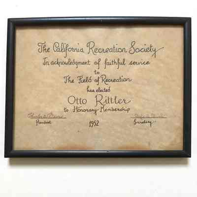 Certificate Otto Rittler as Honorary Member of the California Recreation Society, 1952