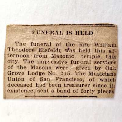 Notice Clipping 'Funeral is Held' about Theodore Eisfeldt, c. 1923