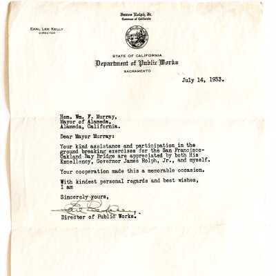 Thank you from State to Mayor Wm. F. Murray for participation groundbreaking Bay Bridge, 1933