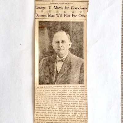 Newspaper clipping re George T. Morris for Councilman, 1913
