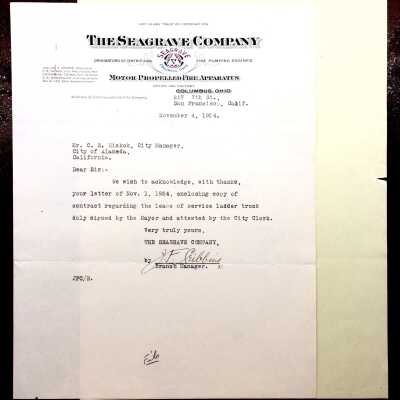 Letter about lease of a service ladder truck by the Fire Department, 1924