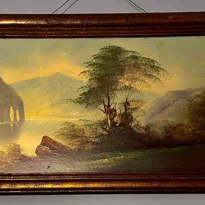 Oil painting of a lake and mountain scene from the Fenn residence, c. 1915-1920