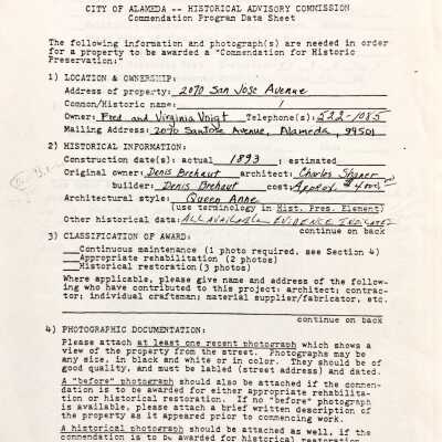 Application form for historical advisory commission about 2070 San Jose, prior 2004