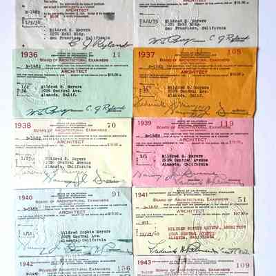 Receipts CA Board of Architects Examiners issued to Mildred S. Meyers, 1934-1943