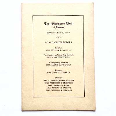Program, Board of Directors, Membership Roll Shakspere Club, 1949