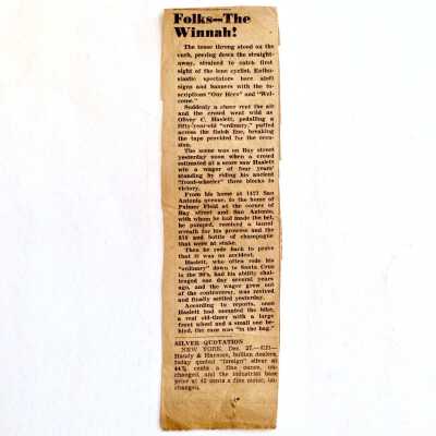 Newspaper Clipping about a bicycle race won by Oliver C. Haslett, c. 1950