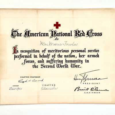 Red Cross service certificate awarded Mrs. Marie Fowler, 1945