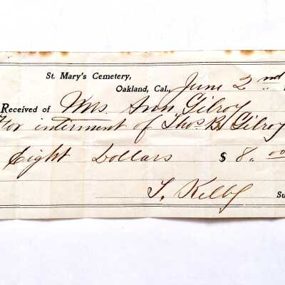 Receipt concerning interment of Thomas B. Gilroy, St. Mary's Cemetery, 1903