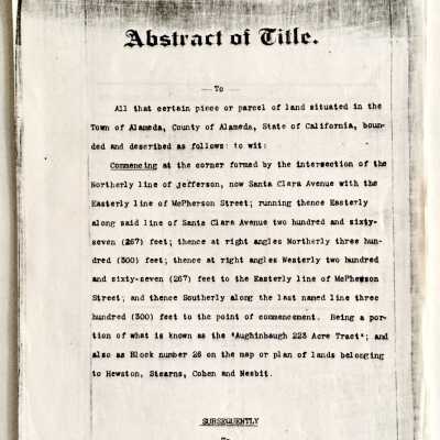 Abstract of Title of property NE corner Sta Clara and 9th Street, 1890