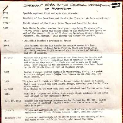 Timeline of 'Important Dates' for Alameda, 1772-1970