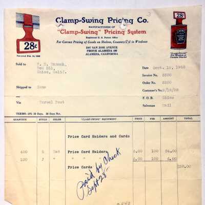 Invoice from the 'Clamp-Swing Pricing Company', 1928