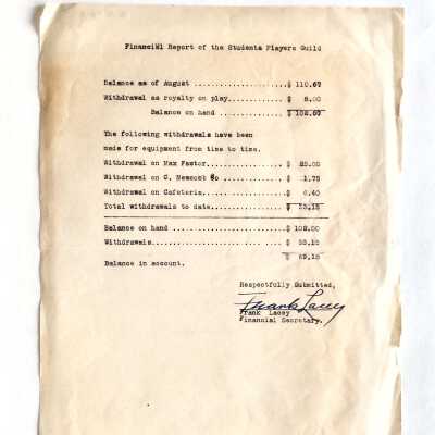 Financial Report Student Players Guild, Alameda High School, 1930s