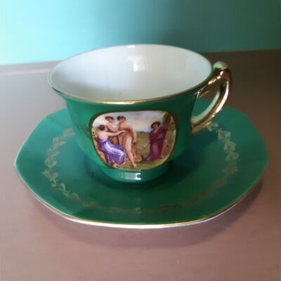A. J. Co. porcelain cup and saucer with figurines, c. 1930