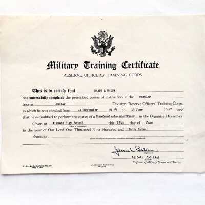 ROTC 'Merit Training Certificate' awarded to Grady White, 1947