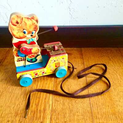Fisher Price Tiny Teddy pull toy with xylophone, 1955