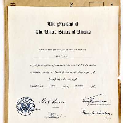 Certificate of Appreciation to Anne D. Herd for service as registrar, 1948