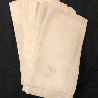 White linen dinner napkins with damask fern leaf design, c. 1900