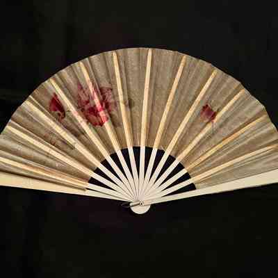 Japanese paper fan with red roses and white wood stays, c. 1917-1920