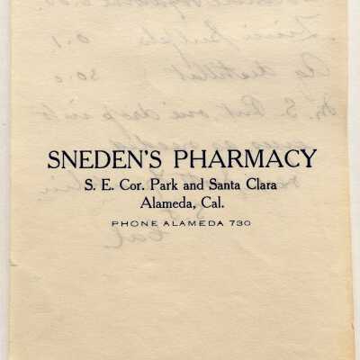 Prescription on stationery from Sneden's Pharmacy, c. early 1900s