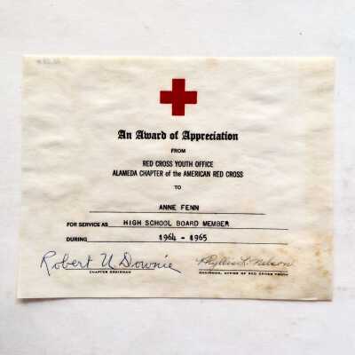 Award presented to Anne Fenn as High School Board Member, Red Cross Youth Office, 1964-1965