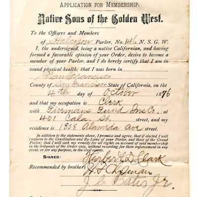 Native Sons of the West Application Form for Herbert D. Clark, 1897