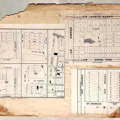 Scrapbook page with real estate maps, late 1870s-early 1880s
