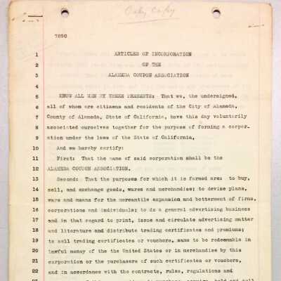 Articles of Incorporation Alameda Coupon Association, 1921