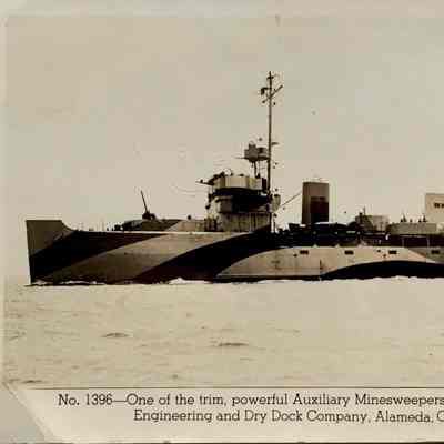 Postcard of a minesweeper built by the GE and Dry Dock Co, c. 1940s