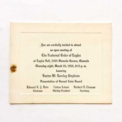 Invitation to a meeting of the Eagles, honoring Dr. W. B. Stephens, 1953