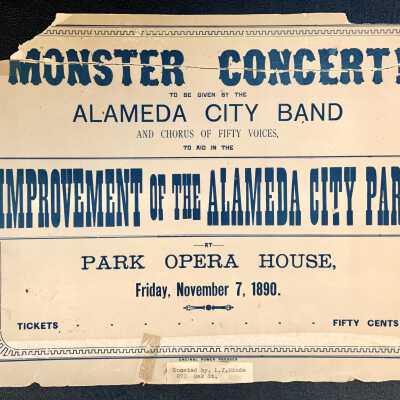 Poster advertising a Monster Concert for Alameda City Park, 1890