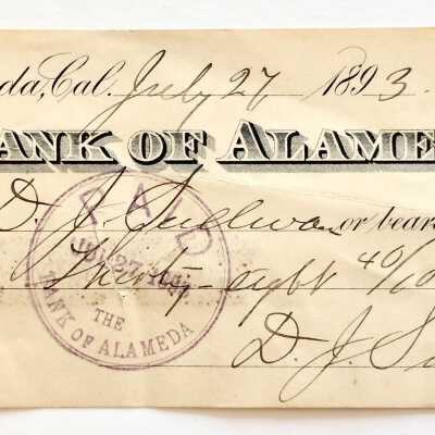 Bank of America check signed by D. G. Sullivan, 1893