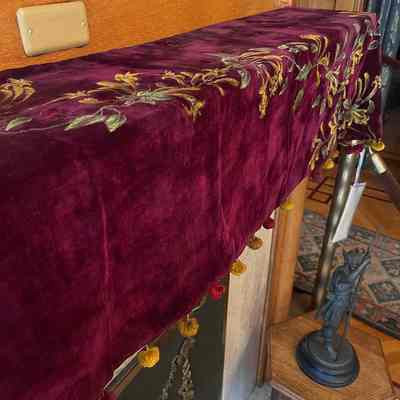 Burgundy plush Piano Lambrequin with handpainted yellow flowers, c. 1890