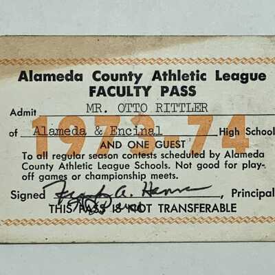 Membership card pass from the Alameda County Ahtletic League Faculty of Otto Rittler, 1973-1974