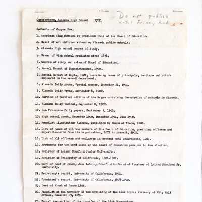 Typed inventory of 'Cornerstone, Alameda High School, 1902'